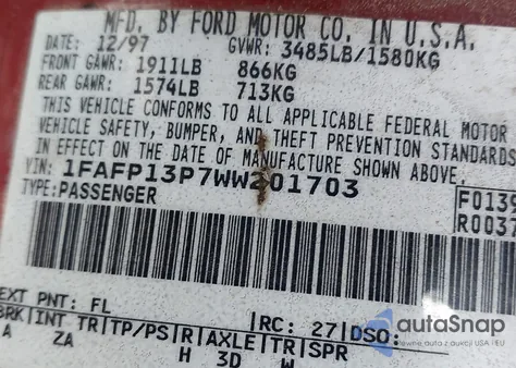 1998 Ford Escort Se z USA, uszkodzony, nr VIN 1FAFP13P7WW201703